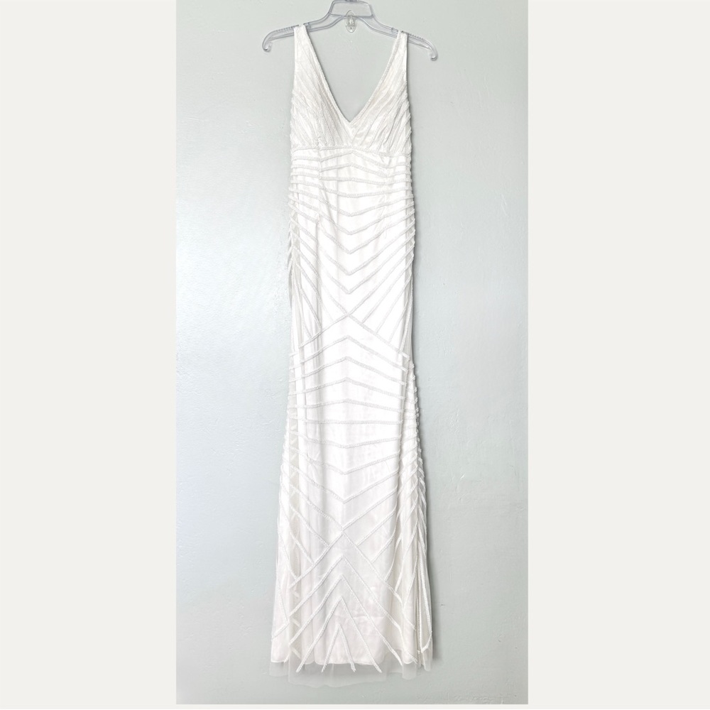 Lotus Threads Cream Elegant Linear Beading Sleeveless V-neck Gown Dress Size 4
